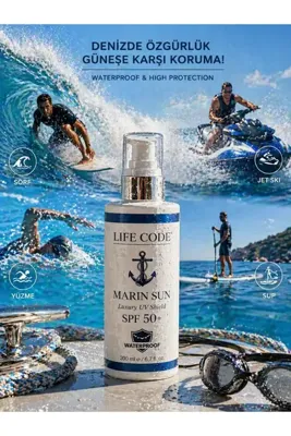 LİFE CODE MARIN SUN Güneş Kremi 50 Spf Waterproof Luxury UV Shıeld Suya dayanıklı 200 ml