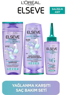 ELSEVE Hydra Pure Salisilik Asit içeren Yağlanma Karşıtı Arındırıcı 3'lü Bakım Seti