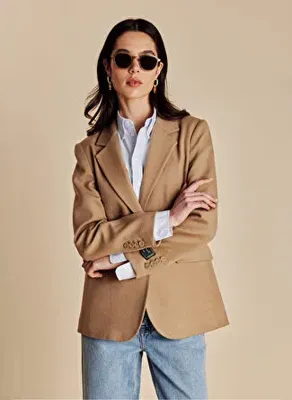 Brooks Brothers Kaşmir Logo Astarlı Puntolu Mono B Camel Kadın Klasik Yaka Kesim Ceket