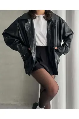 MEECY Unisex Oversize Vintage Siyah Deri Ceket