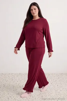Trendyol Curve Bordo %100 Pamuklu Fırfırlı Örme Pijama Takımı TBBAW27AI00030