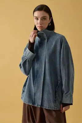 Ceylan Otantik Buz Mavi Dik Yaka Denim Ceket