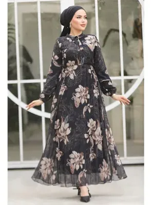 Neva Style Çiçek Desenli Siyah Tesettür Elbise 50355S