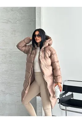 Fashionbox kadın jel dolgu kapüşonlu fermuarlı uzun şişme mont 25112