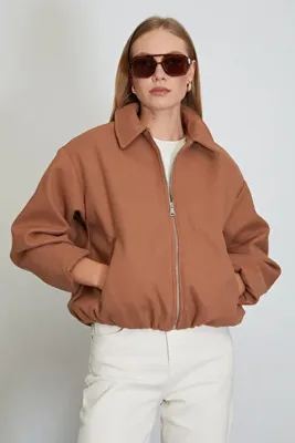Fulla Moda Fermuarlı Cepli Polo Yaka Kaşe Bomber Mont