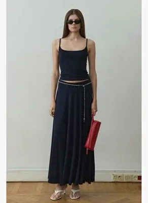 Suud Collection Lacivert Kate Dökümlü Uzun Etek