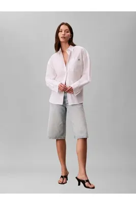Calvin Klein Pamuklu Poplin Kısa Kesim Dokuma Kadın Beyaz Gömlek LV047F148G-YAA
