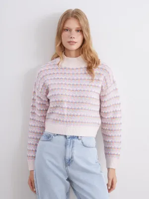 XSIDE Dik Yaka Desenli Crop Kadın Triko Kazak