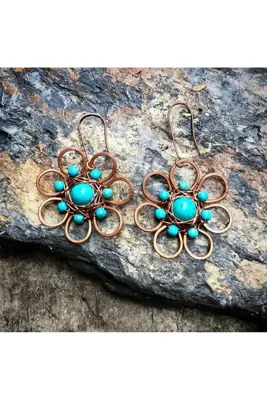 MODA El yapımı bakır tel sarma doğal taş küpe