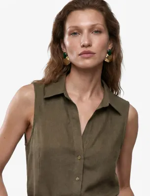 Koton Düğmeli Slim Fit Kolsuz Keten Gömlek