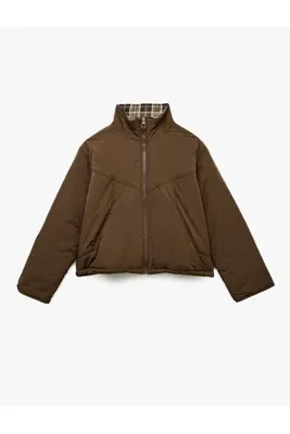 Koton Ekoseli Dik Yaka Uzun Kollu Cepli Fermuarlı Anorak Ceket