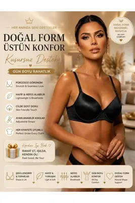 Nior lifestyle Siyah Saten Push-up Balkonet Sütyen | Dikişsiz Kalıplı Tel Destekli Sütyen Şık Siyah Dikişsiz Sütyen | Ayarlanabilir Askılı