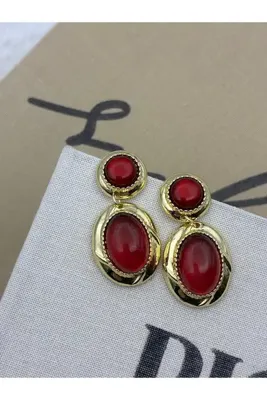 Hedef Bijuteri Bordo Taşlı Gold Detaylı Vintage Oval Model Sallantılı Tasarım Küpe