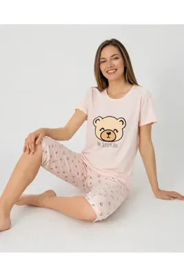 Pijamask Kadın Açık Pembe Ayıcık Baskılı Kısa Kollu Kapri Pijama Takımı (P100-843)