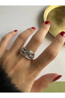 ringbox Gümüş Renkli Zirkon Taşlı 3 Sıra Zincir Yüzük