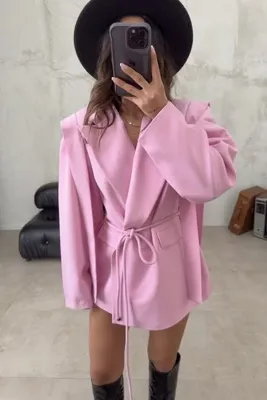 Solena Kadın Oversize Kuşaklı Bağlama Detay Ceket Pembe