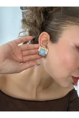 Lal by SP Designs Kare Mavi Taşlı Küpe