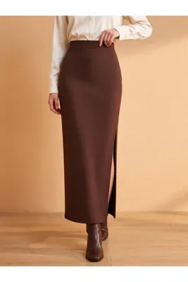 tuzu moda Kadın Yüksek Bel Yandan Yırtmaçlı Maxi Krep Kalem Etek