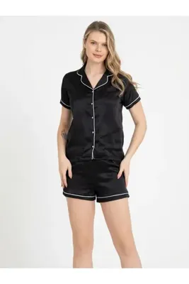 Genel Markalar Kadın Siyah Biyeli Kısa Kollu Şortlu Saten Pijama Takımı