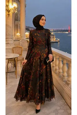 uzer abiye Tesettür Flok Baskı Kadife Çiçekli Uzun Kollu A-Kesim Maxi Abiye Elbise