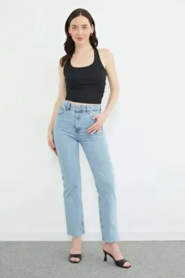 Fulla Moda Yüksek Bel Kesik Paça Jean