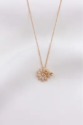 özgül takı ve tasarım Papatya Model Kelebekli Zirkon Taşlı Paslanmaz Çelik Gold Renk Kadın Kolye