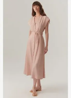 Exquise Kolsuz Önden Düğmeli Kemerli Modal Kumaş Midi Pembe Elbise