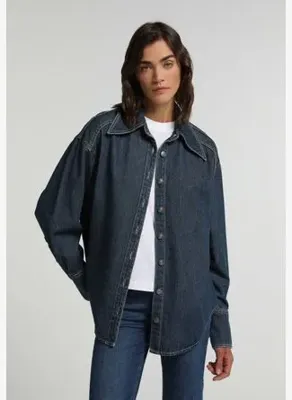 Colins Oversize Fit Klasik Yaka Düz Kadın Mid İndigo Denim Uzun Kol Gömlek