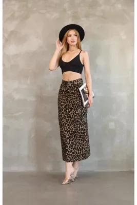 AREF JEANS Önü Yırtmaçlı Leopar Desenli Kot Etek