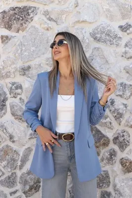 bytugcekaya Pastel Mavi Kol Büzgü Detay Blazer