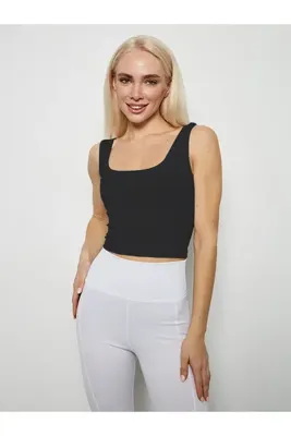 MİSTİRİK Marsala Model Fitilli Örme Model Top Crop Spor Büstiyer Crop Siyah Renk