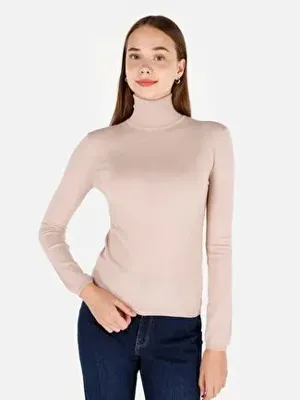 Colins Dar Kesim Balıkçı Yaka Bej Kadın Kazak Cl1070208