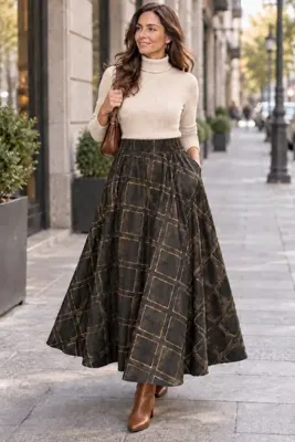 SELDAĞ MODA %100 YÜN ETRO KAHVELİ İTALYAN EKOSE 90 CM UZUNLUK GİZLİ CEPLİ BELİ LASTİKLİ TAM KLOŞ ETEK