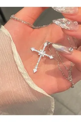 Pinky Lady Çelik Haç Kolye Zirkon Taşlı Parlak Şık Kolye Kadın