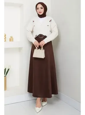 hafsamina Kemerli Süet Mevlana Etek Kahverengi HM2607