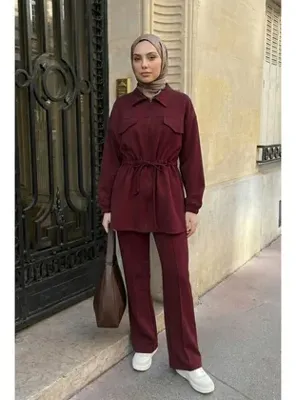 InStyle Büzgülü Bağcıklı Bordo İkili Takım