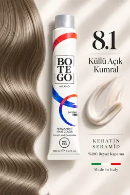 botegohair Profesyonel Kalıcı Krem Saç Boyası - 8.1 Küllü Açık Kumral - 100 ml – Keratin ve Seramid İçeren