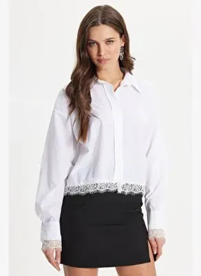Tudors Kadın Regular Fit Klasik Kesim Dantel Detaylı Pamuklu Düz Beyaz Gömlek