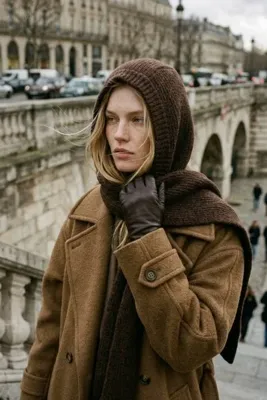 LAGRANZE Kapüşonlu Triko -Boyunluk Panelli Entegre Kışlık Şal/ATKI