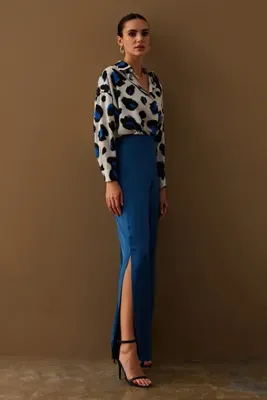 Sateen Yırtmaç Detaylı Saten Pantolon - İndigo