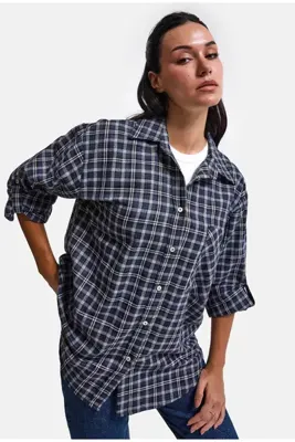 It's Basic Kadın Gri Laci Ekose w6-54 Oversize Gömlek