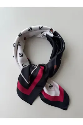 who knows ¿ Siyah Beyaz Gemici Çapa Desenli Modal Kadın Fular Bandana 50x50 cm Mini Boy Saç Boyun Çanta