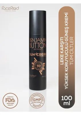 Benjamin Button Effect SPF 50+ yüksek korumalı, cilt dostu, 100 ml boyutunda güneş kremi