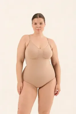 Formactive Kadın Seamless Toparlayıcı Korse Body, İnce Askılı V Yaka Esnek Şekillendirici String Bodysuit - Ten FRM02