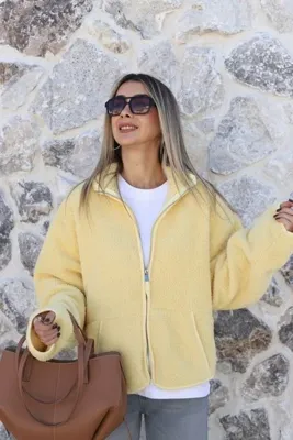 bytugcekaya Sarı Standart Beden Fermuarlı Peluş Ceket