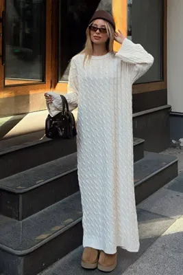 Swist Bej Bisiklet Yaka Saç Örgülü Kadın Triko Midi Elbise