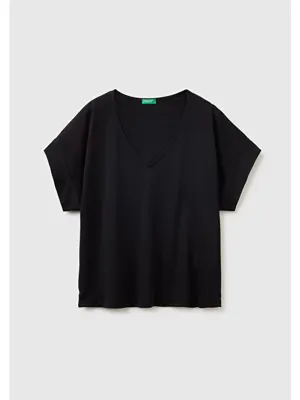 United Colors Of Benetton Kadın Siyah Pamuk ve Liyosel Karışımlı Arkası Logo Detaylı T-Shirt
