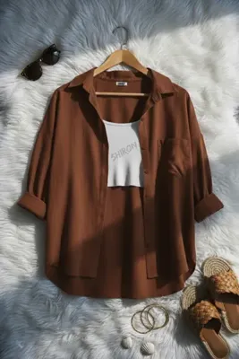 Shiron Sportswear&Company Kadın Kahve Oversize Keten Gömlek %100 Pamuk