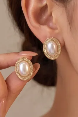Elika Silver Oval Formlu Burgulu İnci Detaylı Vintage Küpe