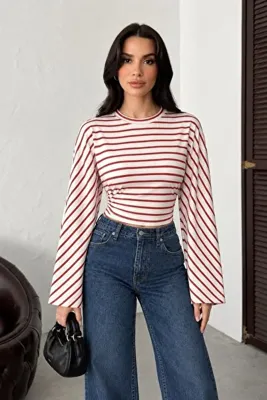 Potenza Kadın Sweatshirt Uzun Kollu Çizgili Bisiklet Yaka İspanyol Yarasa Kol Beli Büzgülü Kısa Bluz